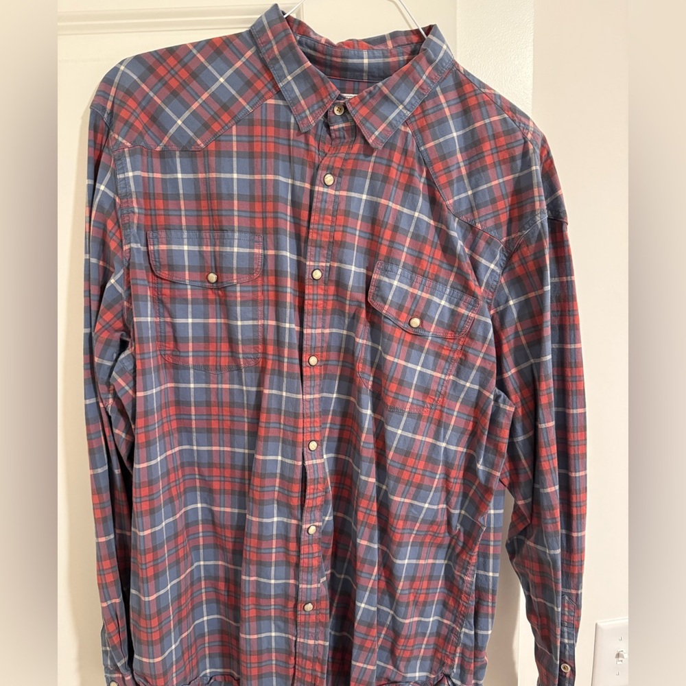 Mens Lucky Brand Saturday Stretch Snap Button Up - Red/BluePlaid - XXL